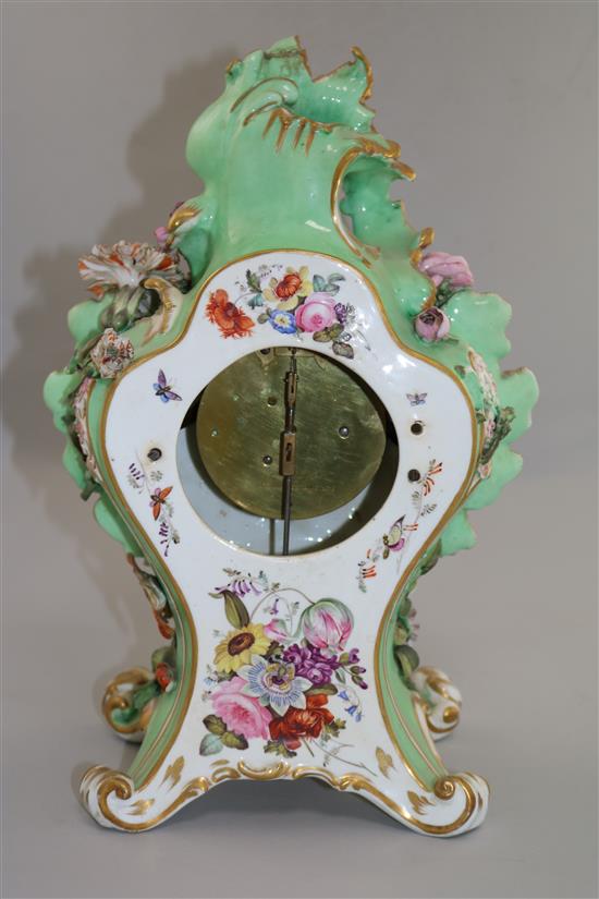 A Coalport floral encrusted mantel clock, with matching plinth, c.1830-5 17in.